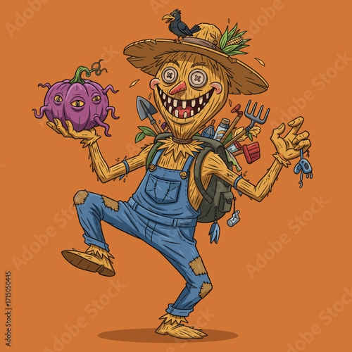 Whimsical scarecrow holds a bizarre pumpkin equipped with gardening tools for a cheerful autumn