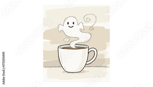 Happy ghost steam from a coffee cup Fun whimsical beverage or Halloween illustration