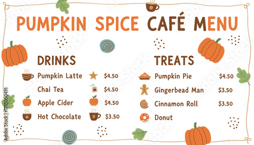 Autumn pumpkin spice cafe menu with seasonal drinks and treats Cozy fall food and beverages