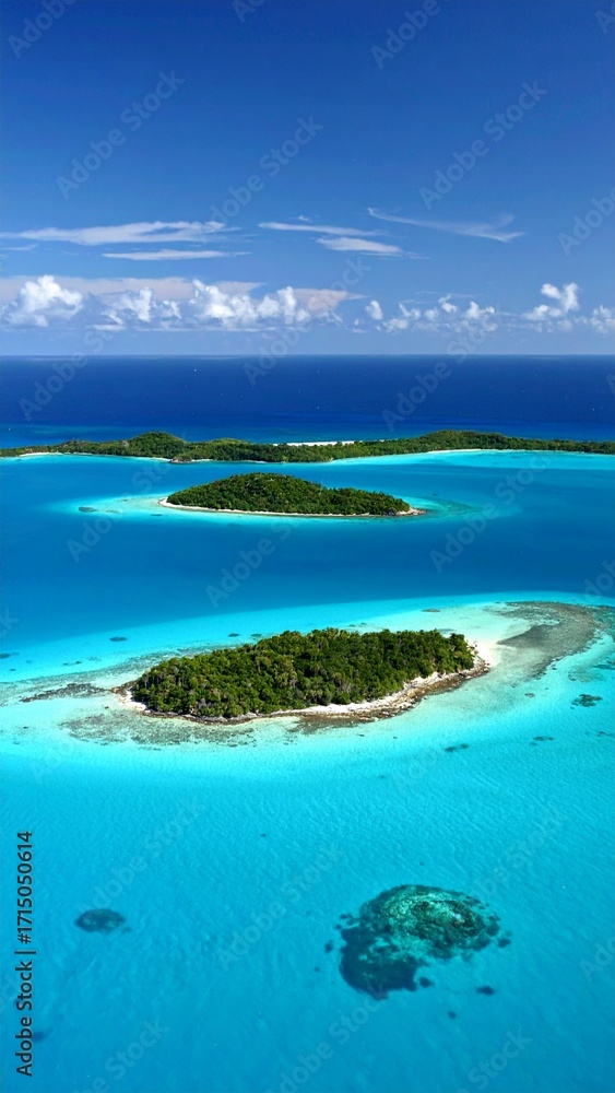 Fototapeta premium Aerial View of Lush Tropical Islands, Turquoise Ocean, and Coral Reefs AI Model