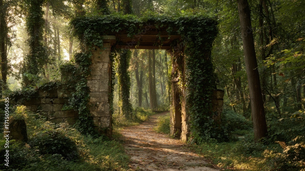 Fototapeta premium A stone arch draped in ivy stands at the entrance of a winding path through a lush forest. Sunlight filters through the trees creating a serene atmosphere in the early morning.