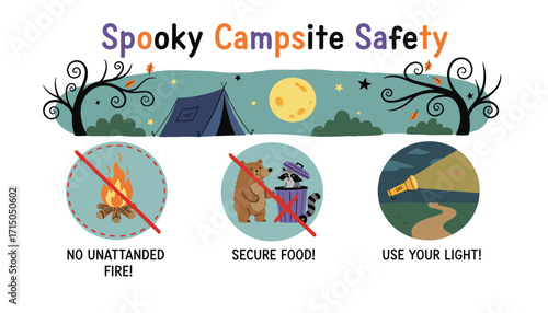 Spooky campsite safety guide illustrating fire food and light rules for outdoor adventures