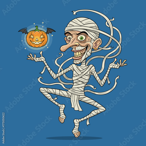 A cheerful cartoon mummy holds a magical glowing Halloween pumpkin with bat wings