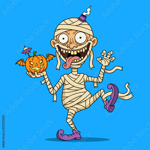 Wacky cartoon mummy holding a Halloween pumpkin with bat wings and a UFO ready for spooky fun