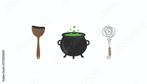 Halloween cooking elements wooden spatula bubbling cauldron and wire whisk on white background