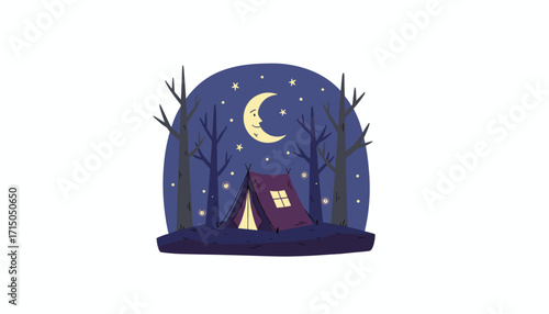 Cozy camping tent at night under a starry sky with a smiling moon and fireflies