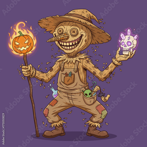 Mischievous scarecrow with flaming pumpkin and glowing skull for Halloween fun