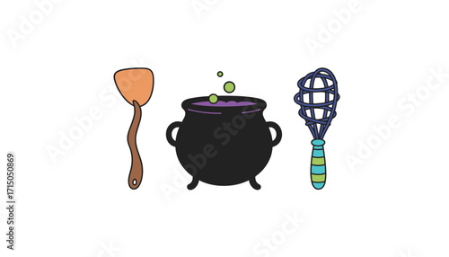 Cartoon cauldron with bubbling potion spatula and whisk for magic cooking or Halloween
