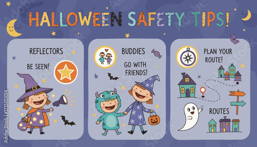 Childrens Halloween safety tips illustration reflectors buddies route planning for trickortreating