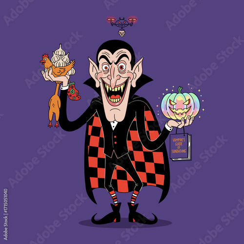 Humorous Dracula with peculiar items like a drone garlic pumpkin and sunbathing guide