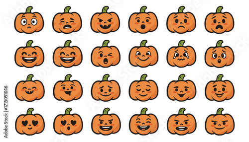 Cute cartoon pumpkins displaying various emotions perfect for Halloween and autumn designs