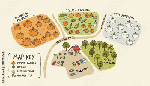 Illustrated fall farm map pumpkin patches apple orchard hayride path farmhouse  shop