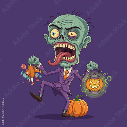 Spooky cartoon zombie with Halloween treats and glowing pumpkin lantern on purple background