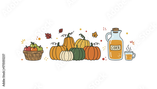 Autumn harvest scene with pumpkins fresh apples hot cider and fall leaves