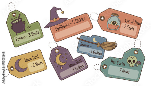Whimsical witch shop price tags for magical items like potions brooms and spellbooks Fantasy concept