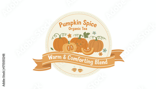 Cute pumpkin spice organic tea label warm and comforting autumn blend illustration