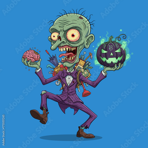 Creepy zombie in a suit holds a brain and glowing jackolantern for Halloween fun