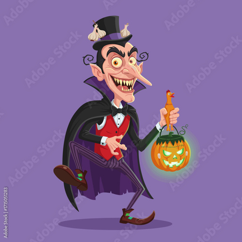 Quirky cartoon vampire with jackolantern and rubber chicken celebrating Halloween fun