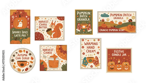 Autumnal labels with pumpkins squirrels and leaves Perfect for seasonal branding food or cozy products