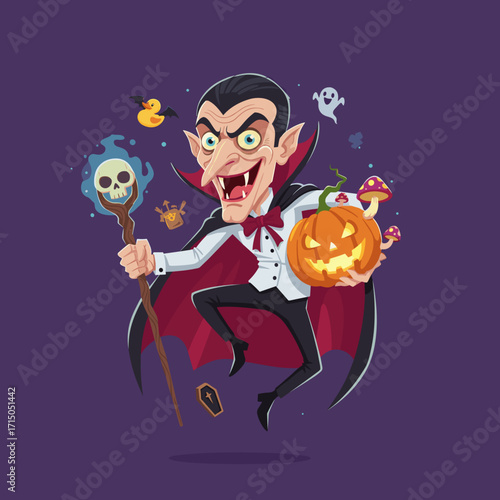 Smiling vampire with a glowing Jackolantern and magic staff celebrates Halloween
