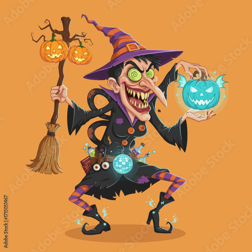 Creepy witch with glowing pumpkin and broom ready for a spooky Halloween party or magic