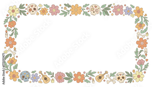 Whimsical Dia de los Muertos border with cute sugar skulls and colorful flowers Cultural design