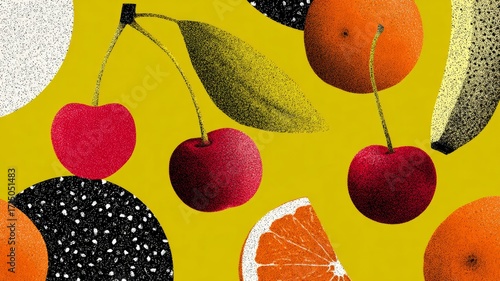 neon pop fruit icons seamless, bold halftone dots, banana cherries orange wedge motifs, 80s memphis shapes
