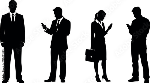 Business people and casual individuals using smartphones, mobile addiction concept, digital lifestyle silhouette illustration for technology and communication themes