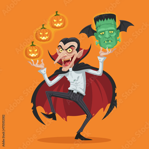 Cheerful vampire juggling jackolanterns and holding Frankensteins head perfect for Halloween fun