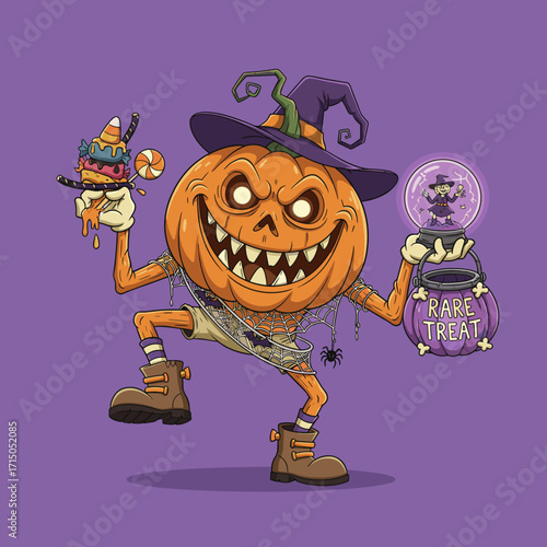Smiling Halloween jackolantern witch holding candy and a magical rare treat bucket
