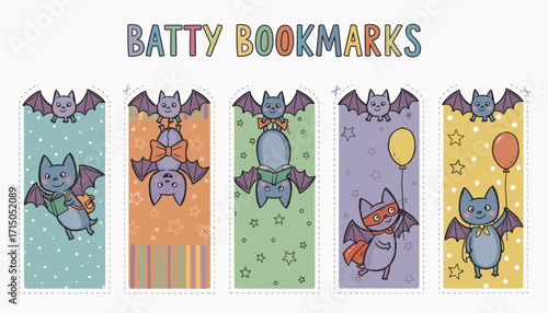 Cute cartoon bat bookmarks for kids perfect for reading and school fun Whimsical design