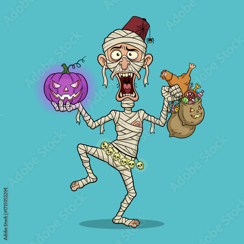 Cartoon mummy celebrating Halloween with glowing pumpkin and trickortreat candy bag