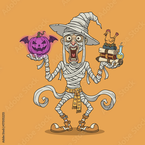 Shocked mummy wizard with glowing pumpkin and magical scrolls Halloween character illustration