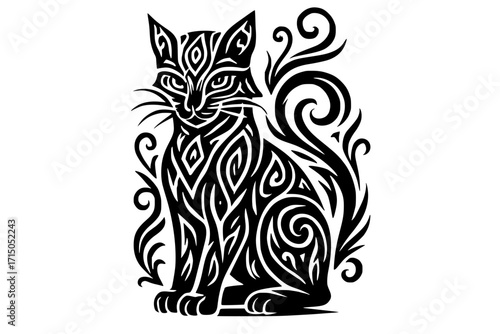 Stylized Black Cat with Intricate Tribal Patterns and Ornate Swirls

