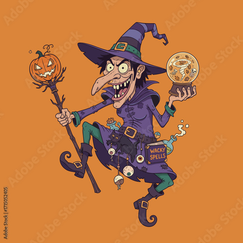 Mischievous witch with pumpkin staff and crystal ball black cat and Wacky Spells book Halloween fun