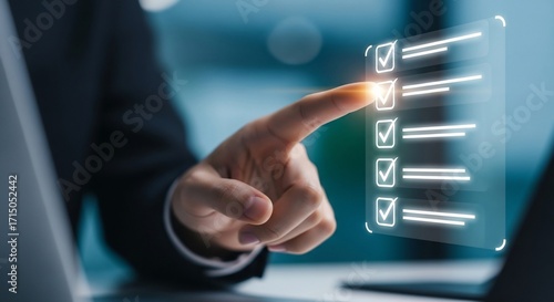 Business professional confidently checking off tasks on a futuristic digital checklist interface for success