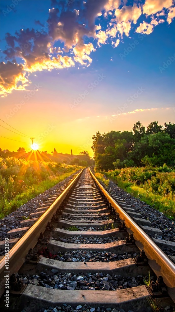 Fototapeta premium Railroad tracks leading to sunrise