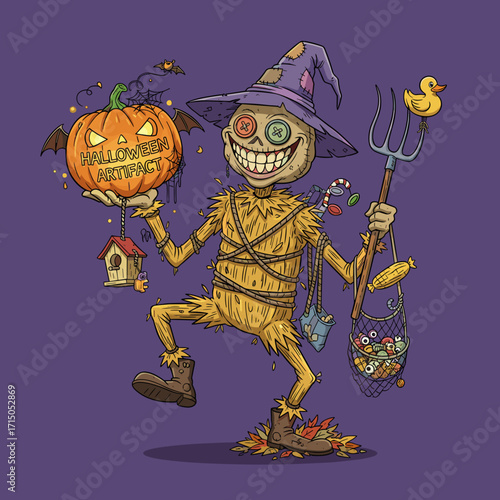 Whimsical Halloween scarecrow with glowing pumpkin candy and autumn leaves illustration