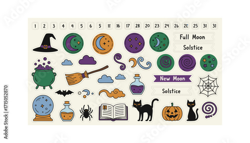 Whimsical magic witch and celestial stickers for planner Halloween or mystical design projects