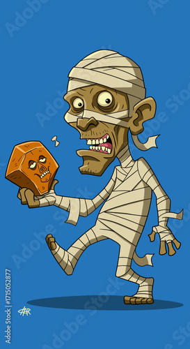 Cartoon mummy looks shocked while holding a skullfaced dice Ideal for games Halloween horror themes