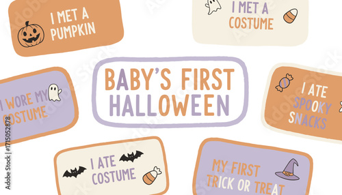 Cute graphic celebrating Babys First Halloween milestones costumes pumpkins treats