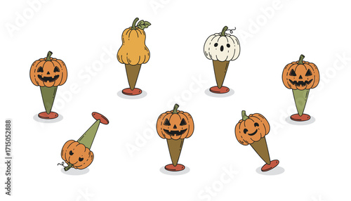 Whimsical Halloween pumpkins and squash in ice cream cones for festive autumn designs