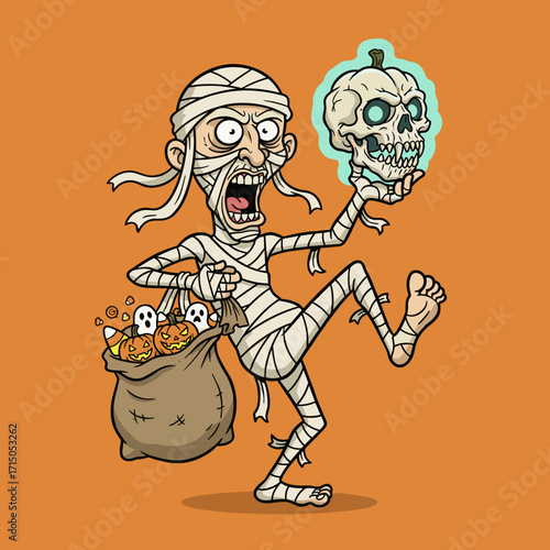 Cartoon mummy with glowing skull and trickortreat bag for Halloween celebration