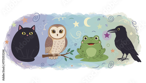 Cute magical animal friends black cat owl frog and crow under a starry sky Whimsical illustration