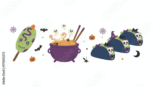 Spooky Halloween treats zombie corn dog ghostly noodles and skull tacos for a fun celebration