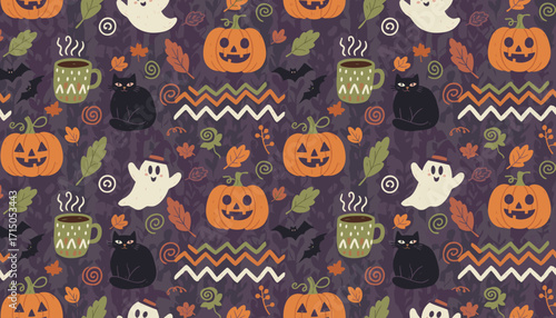 Cute Halloween seamless pattern with jackolanterns ghosts black cats and autumn leaves
