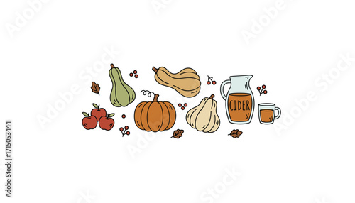 Autumn harvest illustration with pumpkins apples and cider Seasonal decor food and drink concept