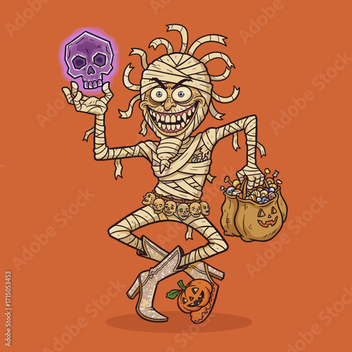 Whimsical mummy in glitter boots holds glowing skull and trickortreat candy bag for Halloween fun