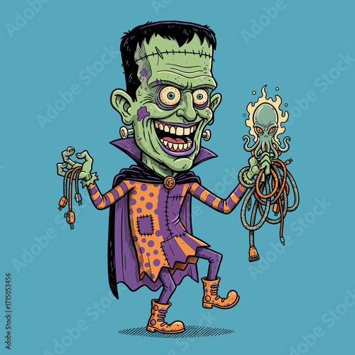 Cartoon Frankenstein monster gleefully holds tangled tech wires and a glowing alien creature