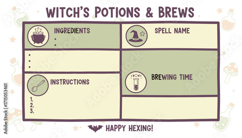 Cute witchs potion recipe card template for Halloween crafts or fantasy themes